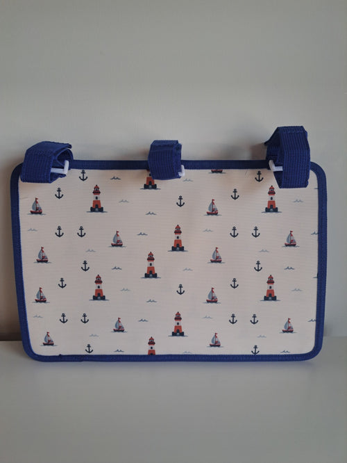 Franchi & Ale Bunk Bed Caddy back view showing three royal blue velcro adjustable straps for fitting any bunk bed size