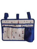 Franchi & Ale Bunk Bed Caddy flat lay showing full front with nautical print fabric, royal blue trim and adjustable velcro straps
