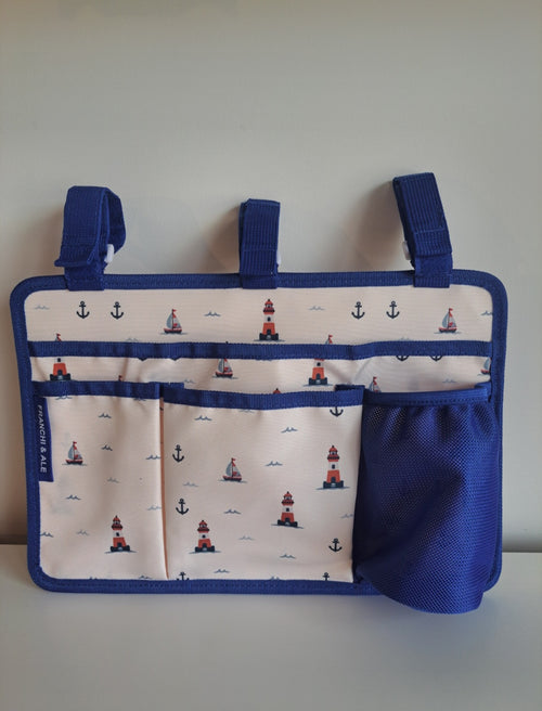 Franchi & Ale Bunk Bed Caddy flat lay showing full front with nautical print fabric, royal blue trim and adjustable velcro straps